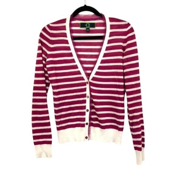 C Wonder Size XS Pink White Stripe V-Neck Knit Cardigan Sweater Chiffon Trim - Picture 1 of 7